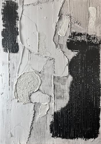 STYLER Leinwandbild Touch 70 x 100 cm – Abstraktes Canvas-Handpainting in Weiß & Schwarz mit Sandstruktur – Modernes Abstract Balance Wandbild
