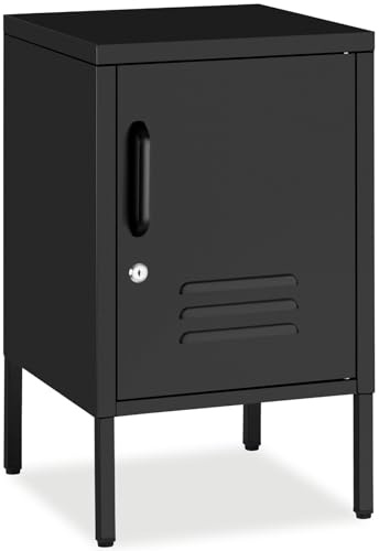 tectake® Nachttisch, 35 x 42,5 x 60,5 cm, Magnetverschluss, Verstellbarer Zwischenboden, abschließbar, Stahl, rutschfeste Schraubfüße, Nachtkommode, Betttisch, Schlafzimmertisch - schwarz