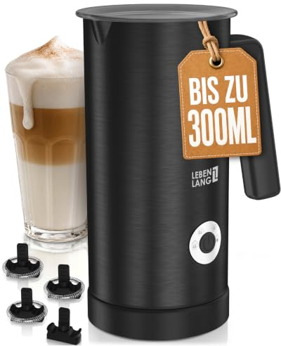 LEBENLANG Milchaufschäumer Elektrisch 4-in-1-300ml & 500W | Antihaftbeschichtet & 3 Ersatzschäumer I Milchschäumer Elektrisch Elektrischer Milchaufschäumer I Milk Frother Schaummaschine