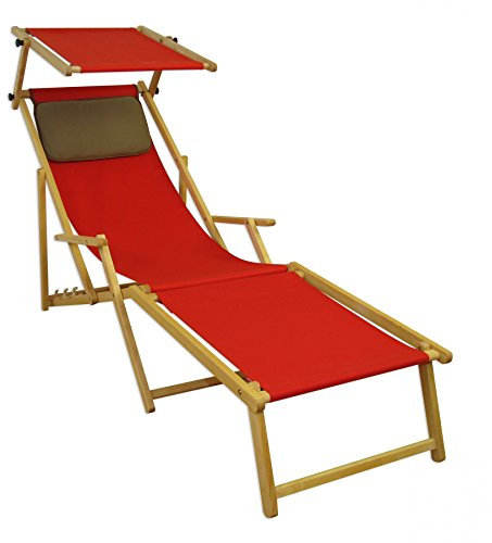 Lungo Sdraio Rosso in Faggio con braccioli poggiapiedi Parasole Cuscino Scuro 10-308NFSKD
