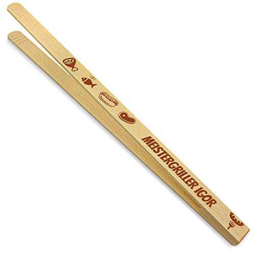 printplanet® - Holz Grillzange mit Meistergriller Igor - graviert - Gravierte Holzgrillzange mit Namen - 40 cm Länge