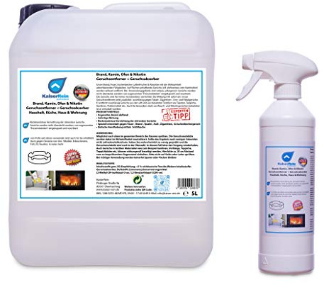 KaiserRein Geruchsentferner + Geruchsabsorber Brand-, Kamin-, Ofen- Nikotin- Gerüche 5 L Kanister + Spray Flasche Leer