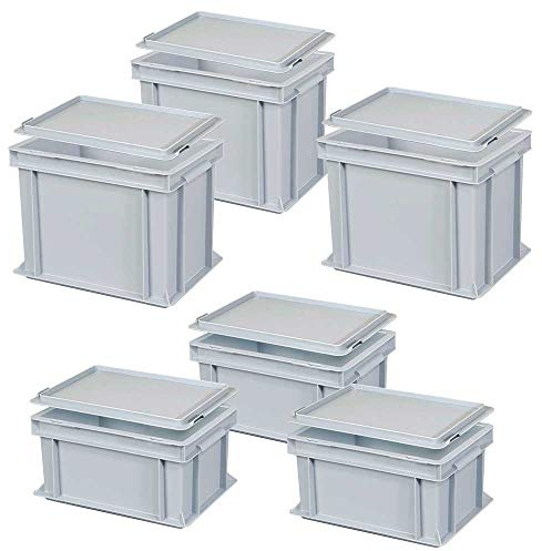 BRB 12-teiliges Set, 6 Euroboxen mit Deckel, Industriequalität, 3x LxBxH 300x200x150 mm, 3x 300x200x220 mm, grau