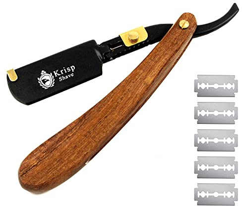 Professional Classic Straight Edge Barber Razor For Close Shaving - Salon Quality Men's Beard Cut Throat Shavette Manual Razor (Wooden Handle) With 5 Shaving Blades By Krisp Shave