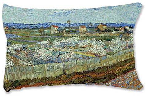 BONNIU Dekorativer Kissenbezug mit Reißverschluss 40X60 cm Samt Kissenschutzbezug Landschaft Kunst - Van Gogh - La Crau Mit Pfirsich-Bäume In Der Blüte VG186