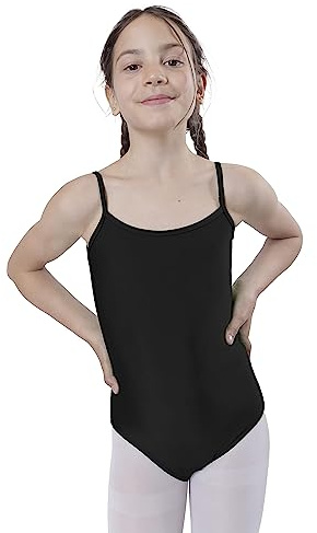 Body da ginnastica per ragazze, con spalline, elasticizzato, per balletto, carnevale, Halloween, Nero, 7-9 anni