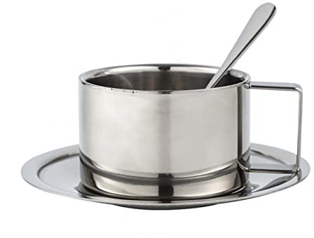 YYYFEI Set di tazzine da caffè in acciaio inox a doppia parete con piattino e cucchiaio (A)