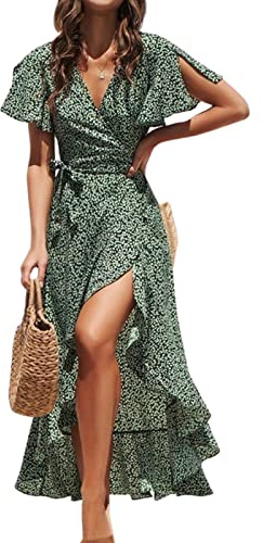 CUPSHE Women's Summer Wrap Maxi Dress - Casual Split Flared Sleeve V-Neck Ditsy Tie Waist Ruffle Beach Green M