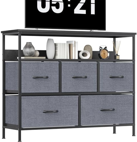 KU Syang 5-Drawer Chest of Drawers with TV Stand | Heavy-Duty Steel Frame & Scratch-Resistant MDF Top | Multi-Functional Storage Unit with Fabric Drawers for Bedroom & Living Room Hallway Black