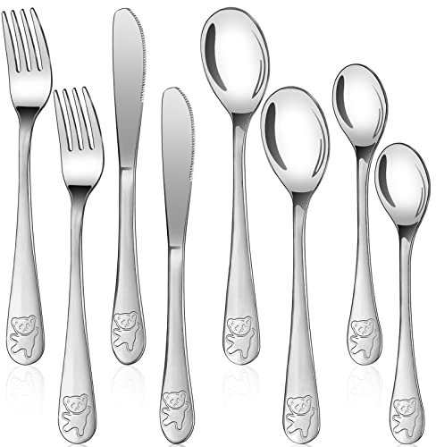 Bomtop Lot de Couverts Enfants en INOX 8 Pièces: 2 x Fourchettes, 4 x Cuillères, 2 x Couteaux, Set Couvert Bébé en Poignée Inoxydable pour Garçons Filles Maison l'école Utilisation (Argentél, Ours)