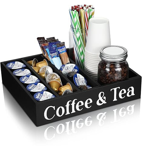 Soaoo Kaffee- und Tee-Organizer mit 4 herausnehmbaren Trennwänden, Kaffeestation, Gewürz-Organizer, Holz, Kaffeebar-Organizer, verstellbarer Kaffeekapselhalter, Zuhause, Büro, Küche, Arbeitsplatte,