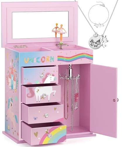 efubaby Schmuckschatulle für Mädchen, 5-lagig, mit Schwingtür, drehbar, Ballerina, Einhorn & Schloss-Design, Einhorn-Schmuck-Set enthalten, Kinder-Schmuckschatulle für kleine Mädchen, Geburtstags- und