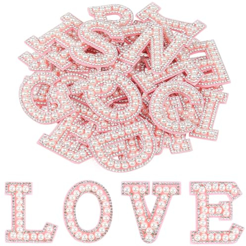 Morcheiong 26 selbstklebende Perlen-Diamant-Buchstaben-Patches A-Z, Perlen-Buchstaben-Patches für Kleidung, Stoff, Rucksack (rosa)