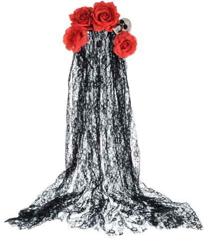 Merroyal Tag der Toten Kopfschmuck Rose Floral Krone Halloween Kostüm Mexikanisches Stirnband mit Schleier (Große rote Blume Schädel + Schleier)