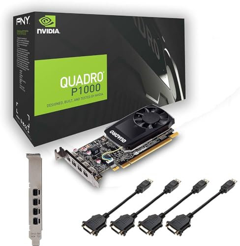 PNY Nvidia Quadro P1000 4GB GDDR5 4x Mini DisplayPort Staffa basso e alto profilo, scheda grafica professionale, nero - Include 4 cavi per display