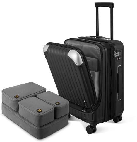 LEVEL8 Koffer Trolley Handgepäck mit 4er Organizer-Set, Handgepäck Koffer mit Laptopfach, Leicht ABS+ PC Rollkoffer Reisekoffer Erweiterbar, TSA, 4 Rollen, 55 cm, 36-42 Liter, Schwarz