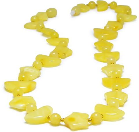 Laboratorio Italiano del Gioiello Echte Bernsteinkette Damen - Baltischer Natur Bernstein - Kleine Kugeln Steine und Klein Flache Steinein Form von Stern und Mond (43cm 10gr) (Weiß)