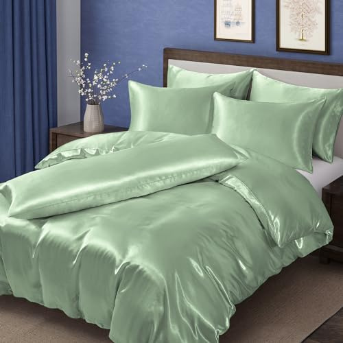MILVOWOC 6 Pcs Sage Green Satin Duvet Cover King Size Set, Silky Bed Duvet Cover Ultra Soft Comforter Cover, 1 Satin Duvet Cover, 1 Body Pillowcase, 4 Pillow Cases (No Comforter)