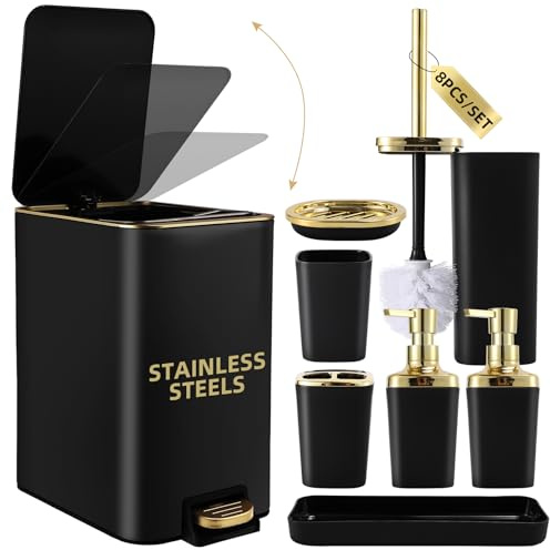 XLHOMO Black Bathroom Accessories 8 Piece Black and Gold Bathroom Set, Bathroom Accessories with Stainless Steel Bathroom Trash Can,Toilet Brush,Toothbrush Set,Soap Dispenser