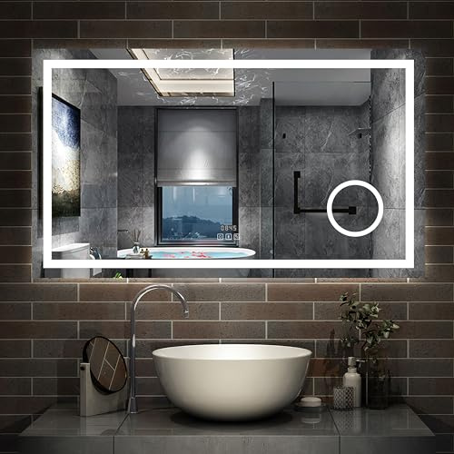 AICA Miroir Salle de Bain 120 x 70cm,Miroir Lumineux LED 3 Couleurs | Bluetooth + Dimmable + Grossissant + Horloge + Anti-buée + Mémoire,Miroir Mural avec Éclairage Interrupteur Tactile Étanche