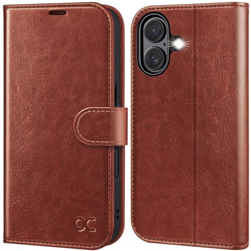OCASE for iPhone 16 Case, PU Leather Wallet, Dark Brown | Magnetic Flip Folio Cover with RFID Blocking, Card Holders, Shockproof TPU, and Kickstand for 6.1 Inch iPhone 16 (2024)