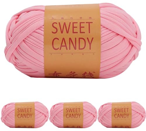 Yixinly 400 g T-shirt-garn, T-shirt, garn för virkning, slanggarn för virkning, ribbongarn virkgarn för väska, korg, tak, heminredning 4 x 100 g (rosa)