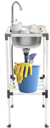 SuhoFutus Lavandino con mobiletto, lavandino mobile in acciaio inox autoportante con rubinetto freddo, per interni ed esterni, lavabo da campeggio 38 x 33 x 83 cm