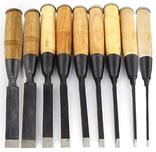 Outils de sculpture sur bois , 9 pièces ensemble de tournage de burins de tour à bois en acier à haute teneur en carbone ensemble d'outils de ciseau de tour à bois avec manche en bois for la sculpture
