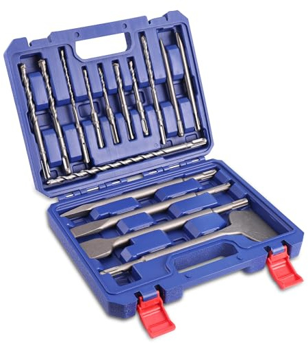WORKPRO 16-Piece SDS-Plus Rotary Hammer Drill Bits and Chisel Set, Carbide-Tipped Masonry Drill Bits and Chisels for Concrete, Stone, Brick, with Storage Case, SDS Chuck Fit Only