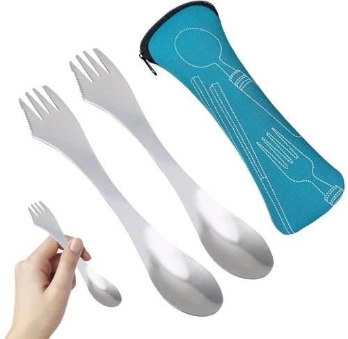 Stainless Steel 3-in-1 Spork - 2 Pack Outdoor Cutlery with Portable Pouch, Multifunctional Lightweight for Camping, Hiking, Travel