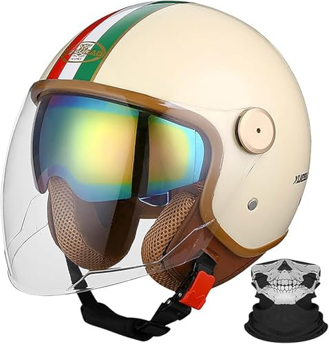 Casque De Moto, Casque De Scooter Pour Adultes, Casque Semi-Ouvert Approuvé ECE Avec Lunettes, Casque De Moto Pour Hommes Et Femmes, Casque De Protection B,M/(57~58cm)