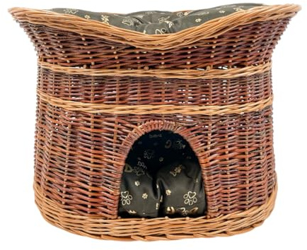 Katzenkorb zum Schlafen – Katzenhütte Indoor – Größe XL: 70 cm oval – Katzenhöhle aus Weide – Zweistöckiger Hunde – oder Katzenbett mit waschbaren Kissen in Dunkelbraune – Lackierter Korb