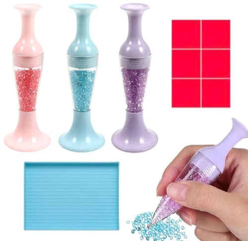 BOPRKTM 3 Stück Nachfüllbarer Vasenstift Blumentopf Diamond Painting Stift Diamant Malstift Spender 5D Diamant Malerei Zubehör Werkzeuge,mit Tablett Wachsplättchen,für Diamant Malerei DIY Nagelkunst