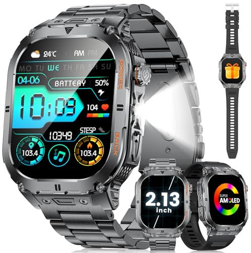 ESFOE Smartwatch Herren 3ATM Wasserdicht mit Anruf/LED-Taschenlampe, 2,13'' HD AMOLED Großbildschirm Militär Smartwatch, 100+ Sportmodi Fitnessuhr mit SPO2/Herzfrequenz für Android iOS, 2 Bänder