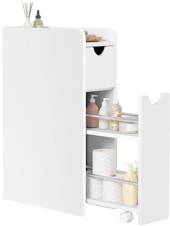 EUGAD Badezimmerschrank klein, Badschrank schmal, Kleiner Schrank für Toilettenpapier, mit Schublade auf Rollen, Aufbewahrungsschrank stehend, weiß