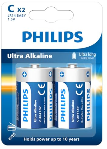 PHILIPS C Batteries 6700mAh Alkaline C Size Cell Battery Ultra Long Lasting 1.5V R14 Batteries for Household and Office Devices 10-Year Shelf Life