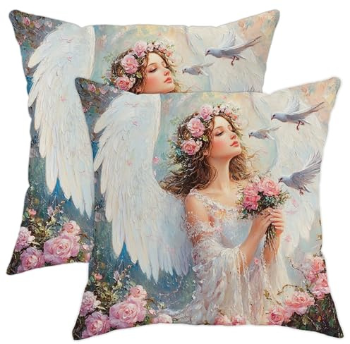 Juego de 2 fundas de almohada con diseño de alas de ángel, fundas de cojín decorativas florales de melocotón, fundas de cojín para decoración del hogar, fundas de cojín para sofá, cama, sofá, 16 x 16