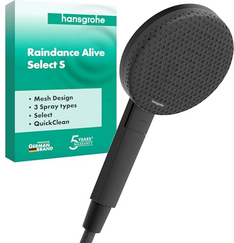 hansgrohe Raindance Alive Select S - ducha de mano, alcachofa de ducha con 3 tipos de chorro (PowderRain), cabezal de ducha redondo (125 mm), con sistema antical, negro mate, 24500670