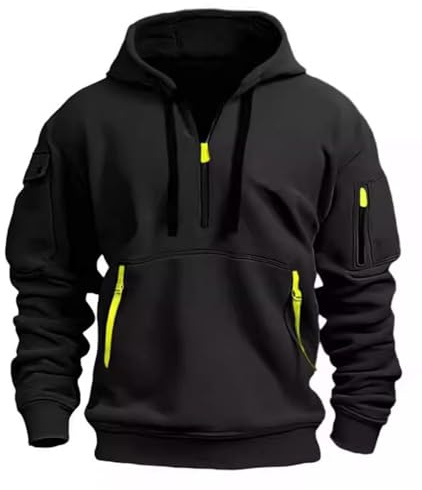 NLAND Sweats à Capuche Homme pour Hiver et Automne Veste Homme à Demi Zippé Hoodie Longues Sweatshirt de Sport Décontractée avec Multi Poches,Noir XL