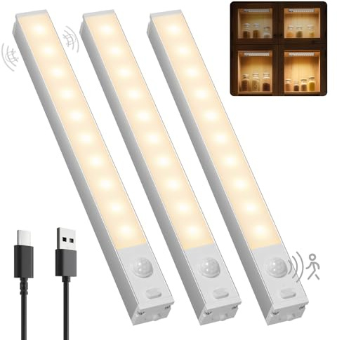 GOODEA Small Wardrobe Lights Motion Sensor with USB Rechargeable 18cm, 3pcs | 10 LED, Aluminium Stair Light Battery Operated ,Under Counter Lights Rechargeable Wardrobe Lighting for Shelf Closet Cupboard