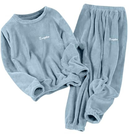 Flanell Pyjama Damen Fleece Kuschel Loungewear Set Winter Warm Schlafanzug Hausanzug Flauschig Homewear Baumwolle Pullover Rundhals + Lang Kuschelhose Nicki Kuschelanzug Lounge Elegant Schlafanzüge