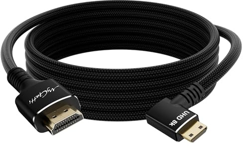 Mygatti 8K/4K Mini HDMI (90° till vänster) till HDMI-kabel 2 m, dubbelriktad, flätad nylon 48 Gbits, 8K@60Hz, 4K@120Hz, kompatibel med kamera, videokamera, bärbar skärm, surfplatta, grafikkort