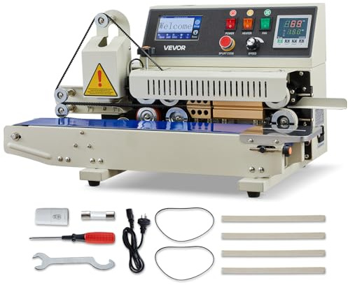 VEVOR Continuous Bag Band Sealing Machine, 0.24-0.47 in Seal Width, Horizontal Band Sealer Machine with Ink Printing, Temp & Speed Adjustable, Heat Sealing Machine for 0.001-0.03 in Plastic Bags