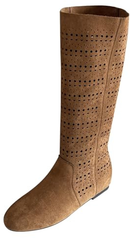 Generiska ihåliga platta stövlar dam knähög, västerländsk cowboystövlar skor dam svart, slip-kängor platta halkfria vidskaftade stövlar med klack, Overknees andas, kaki, 35 EU