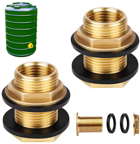 Dos tubos de latón para barril de lluvia de 1 pulgada, paso del depósito de agua de 3/4 pulgadas x 1 pulgada, con cuatro juntas de estanqueidad, paso del depósito de 3/4 pulgadas, para conexiones de