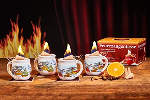 Feuerzangentasse 4er-Set, mit Rum (100ml) + ZimtZuckerHütchen (20er), Weiß/Weihnachten - für Feuerzangenbowle