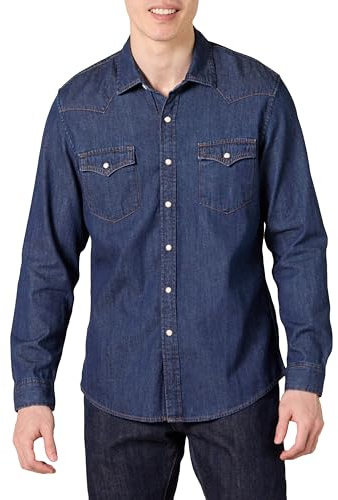 Amazon Essentials Chemise en Jean à Manches Longues avec Boutons-Pression, Coupe Ajustée Homme, Bleu, L