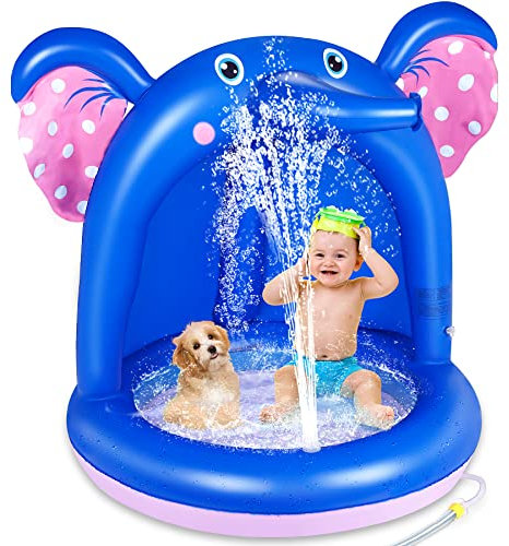 lenbest Piscina per Bambini, Piscina Gonfiabile Neonato Piccoli con Fondo Gonfiabile da Giardino e Copertura Parasole Spruzzo & Spruzzi Play Baby Pool Giocattoli Estivi per Bambini (Elefante)
