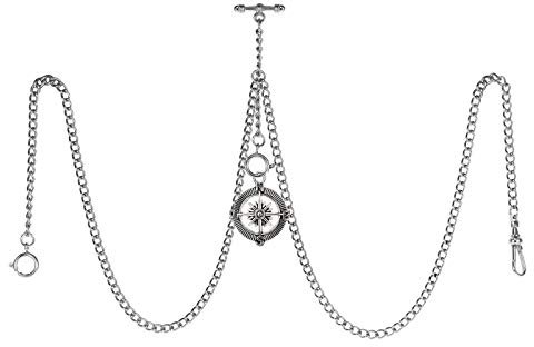 TREEWETO Taschenuhrkette mit T Bar Endstück Gesamtlänge 72cm Doppel Albert T-Bar Taschenuhr Kette mit Antiker Kompass-Anhänger und 3 Haken für Weste Knopfloch Silber