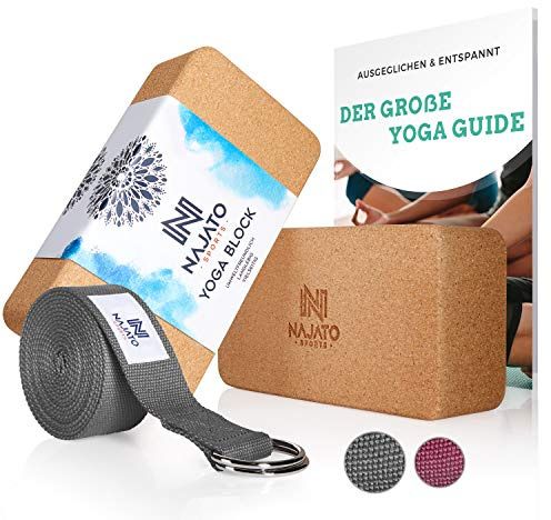NAJATO Sports Yoga Block Kork 2er Set – Wahlweise mit Yogagurt – Yogablock inkl. E-Book (PDF Datei) – Yogaklotz für Pilates und Meditation – Aus natürlichem Material